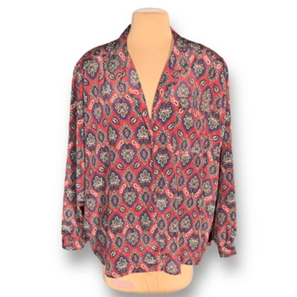 Vintage Top Burgundy Red Blue Moorish Floral Long Sleeve Boho Artsy Eclectic